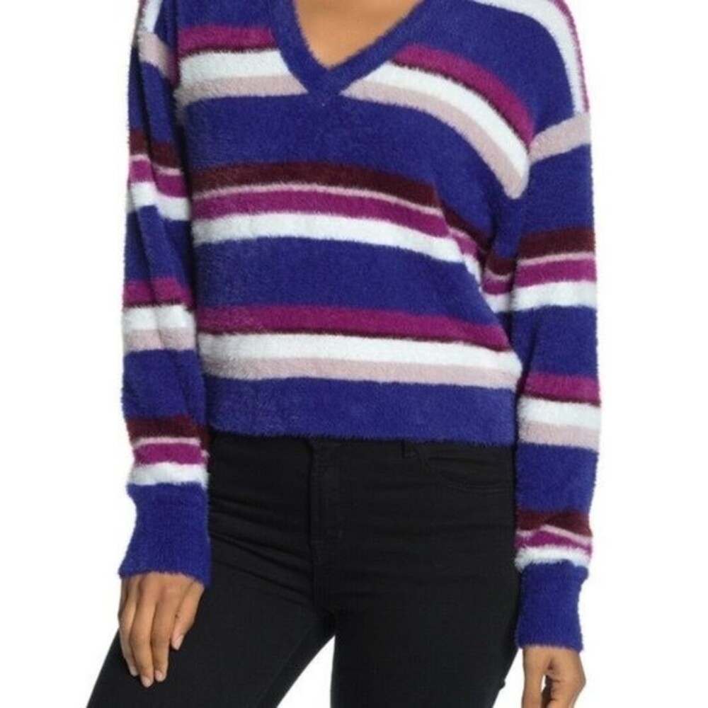 SPLENDID V Neck Eyelash Fuzzy Purple Striped Sweater ~ L